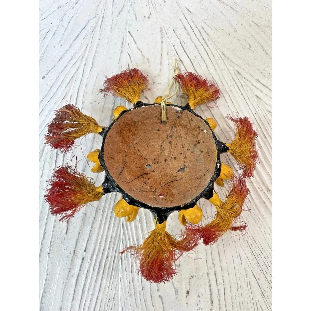 Vtg Mexican Coconut Shell Folk Art Mask Hand-Painted Celestial Sun Artsy